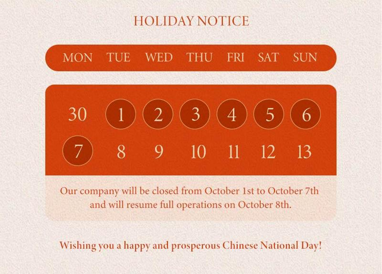 2024 Chinese National Day Holiday Notice